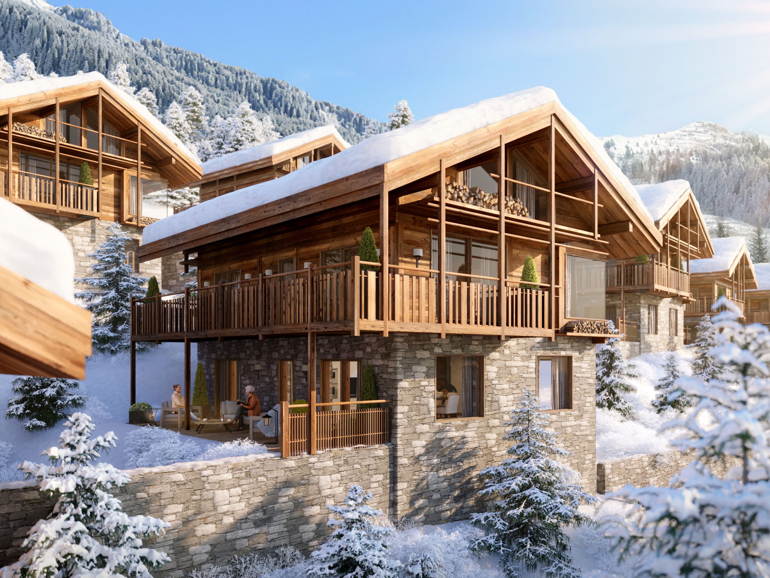 Sur un site de plus de 1 hectare à côté du village, le Guernerés Exclusive Lodge est un projet d’exception de chalets et appartements de prestige blottis face au front de neige de Grimentz.