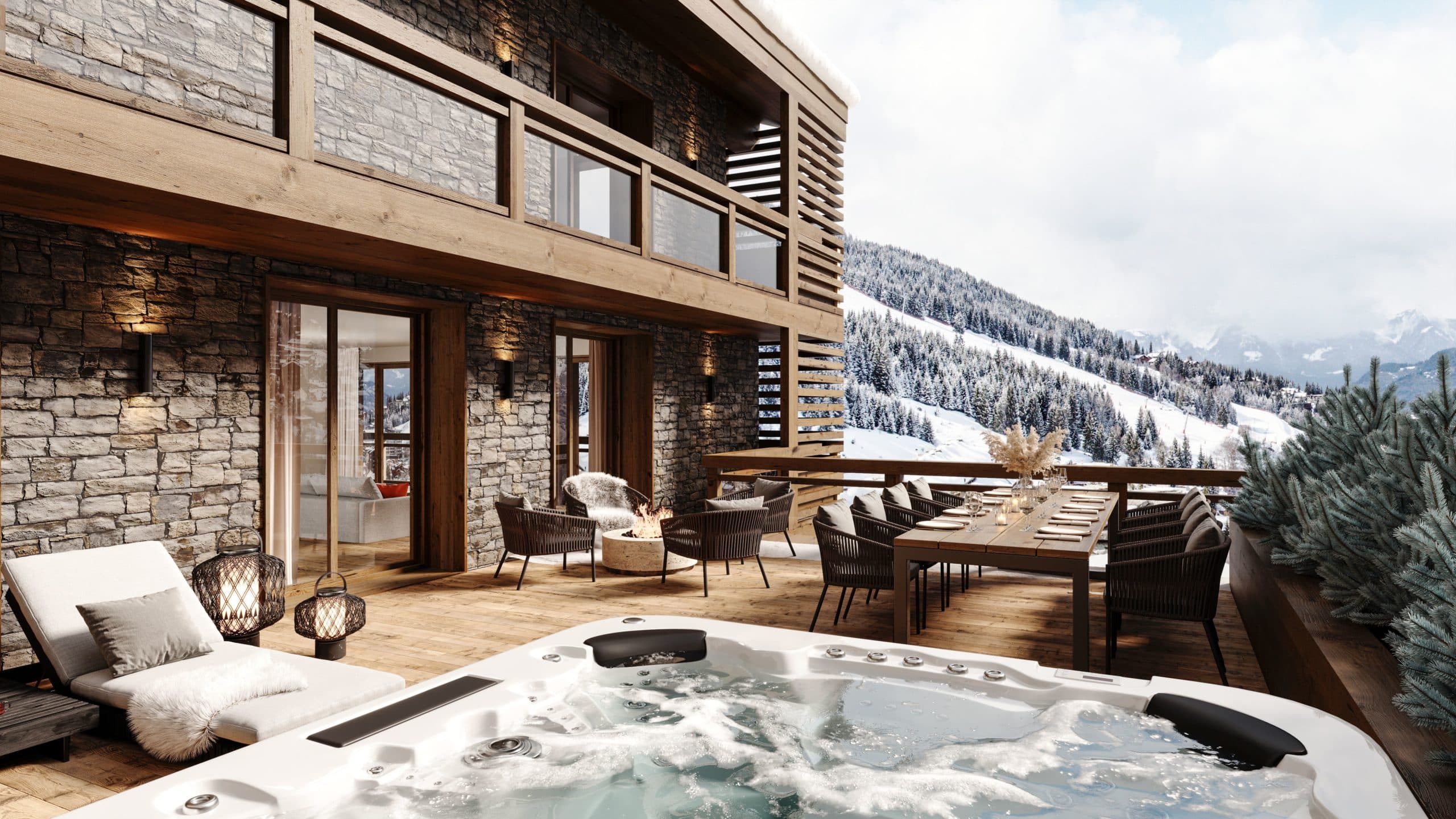 Nestling in Courchevel Moriond, these 43 apartments with 5* hotel service embody the perfect harmony of noble materials, tradition and elegance. Bathed in light thanks to their privileged location, these exceptional residences, ranging from T3 to T6 and from 75 to 318 m2, promise unforgettable moments.