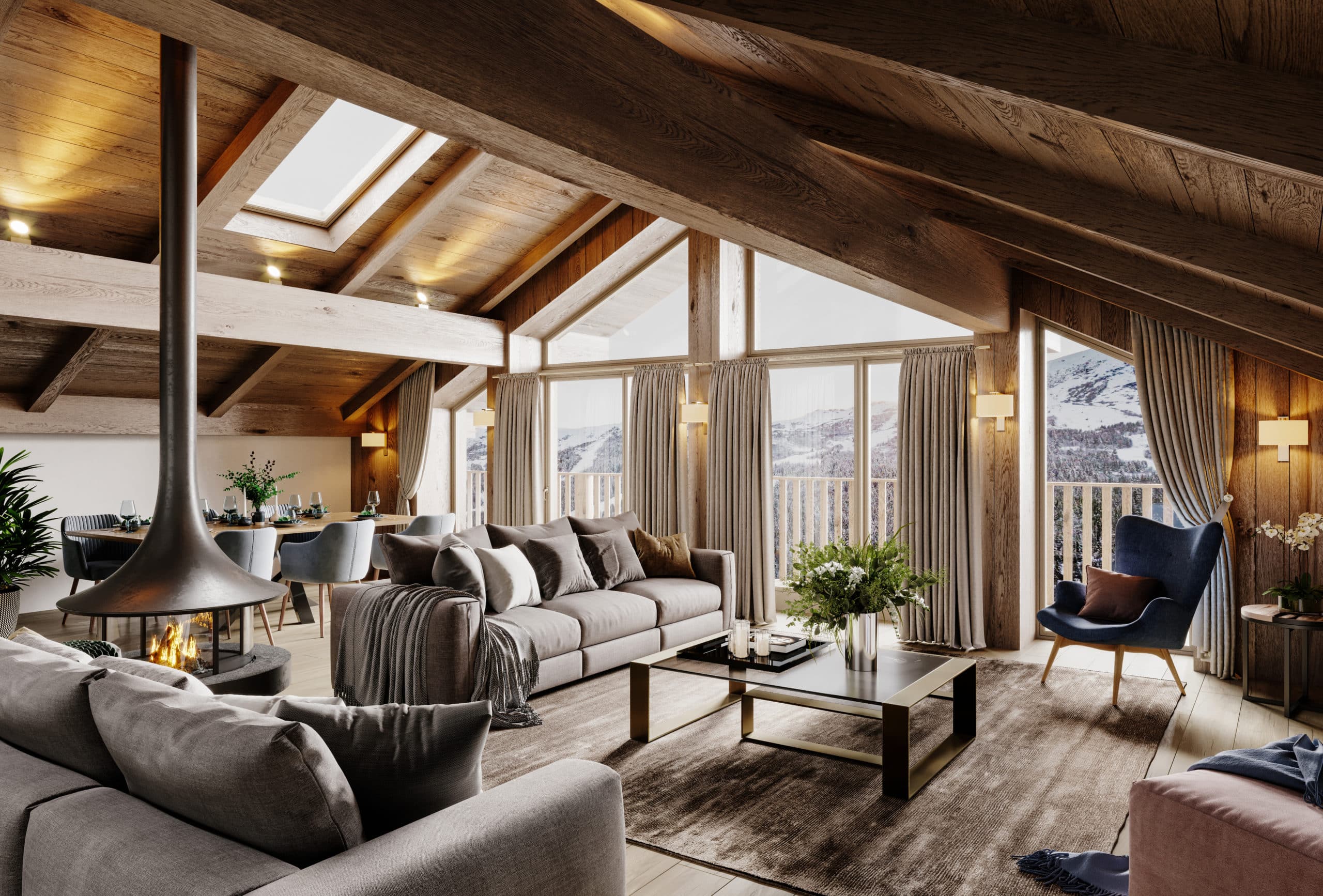 Cette résidence de prestige sur les hauteurs de Méribel propose 32 appartements et 3 chalets d'exception, dans une architecture authentique et moderne. Avec des services haut de gamme tels qu'une conciergerie, navette privée, piscine, spa, ski shop et parking souterrain sécurisé, la résidence allie confort et élégance.